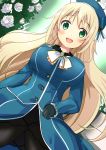  1girl atago_(kantai_collection) beret black_gloves blonde_hair blue_jacket blue_skirt breasts buttons flower gloves green_eyes hat jacket kantai_collection large_breasts long_hair looking_at_viewer military military_uniform open_mouth pantyhose rose skirt smile solo sou_(soutennkouchi) uniform white_rose 