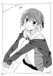  cardigan comic eyebrows eyebrows_visible_through_hair greyscale hair_between_eyes long_sleeves looking_at_viewer monochrome mousou_(mousou_temporary) neckerchief original page_number pleated_skirt school_uniform short_hair sitting skirt translation_request 