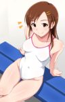  1girl alternate_hairstyle bench breasts brown_eyes brown_hair competition_school_swimsuit futami_mami hair_down hair_ornament hairclip idolmaster long_hair school_swimsuit sitting small_breasts smile solo swimsuit tetuo_kun thigh_gap white_school_swimsuit white_swimsuit 