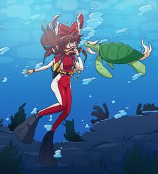  1boy 1girl brown_hair bubble commentary flippers genjii hair_tubes hakurei_reimu highres long_hair looking_at_another raburine scuba scuba_gear scuba_tank seaweed touhou touhou_(pc-98) turtle underwater wetsuit white_hair 