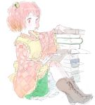 1girl apron bell body_blush book boots checkered eyebrows eyelashes frilled_apron frilled_skirt frills hair_bell hair_ornament long_sleeves motoori_kosuzu motsuni_(artist) open_book partially_colored pile_of_books pink_eyes pink_hair ribbon simple_background sitting sketch skirt solo tareme touhou twintails white_background white_skin wide_sleeves 