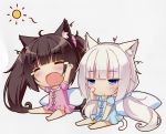  2girls =_= animal_ears blue_dress blue_eyes brown_hair cat_ears cat_tail chibi chocola_(sayori) closed_eyes dress eyebrows eyebrows_visible_through_hair fang hair_ornament hair_scrunchie long_hair low_twintails messy_hair multiple_girls open_mouth original pillow pink_dress puffy_short_sleeves puffy_sleeves sayori scrunchie short_sleeves simple_background sitting stretch tail tears twintails vanilla_(sayori) very_long_hair waking_up white_background white_hair yawning 