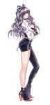  1girl asymmetrical_legwear black_hair blake_belladonna bow breasts chain_belt cleavage closers hair_bow harpy_(closers) rwby shirt white_shirt yellow_eyes 