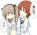  2girls blouse breast_grab brown_eyes brown_hair collarbone commentary_request eyebrows eyebrows_visible_through_hair gedou_(ge_ge_gedou) girls_und_panzer grabbing grabbing_from_behind hair_between_eyes hair_ribbon long_hair long_sleeves multiple_girls nishizumi_miho ribbon school_uniform shimada_arisu short_hair side_ponytail simple_background speech_bubble translated upper_body white_background white_blouse yuri 