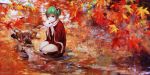  1girl absurdres alternate_hairstyle autumn autumn_leaves boots breath brown_boots creative_commons dress frilled_sleeves frills grass green_hair hair_bun hair_ribbon highres jq kagiyama_hina open_mouth red_clothes red_dress red_ribbon ribbon scarf solo squatting stone stream touhou water water_in_hands watermark white_scarf yellow_eyes 