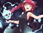  1girl ;d alternate_costume animal_ears armpits bare_shoulders black_bow black_dress blush bow braid breasts cat_ears cat_tail dress extra_ears hair_bow hemogurobin_a1c hitodama kaenbyou_rin long_hair looking_away multiple_tails one_eye_closed open_mouth pointy_ears red_eyes redhead sideboob sleeveless sleeveless_dress small_breasts smile solo spirit tail touhou twin_braids two_tails upper_body 