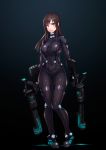  1girl ass_visible_through_thighs bangs black_background bodysuit breasts brown_eyes brown_hair full_body gantz gantz_suit gun highres large_breasts long_hair looking_at_viewer shimohira_reika shiny shiny_clothes simple_background solo standing thigh_gap weapon yuuji_(and) 