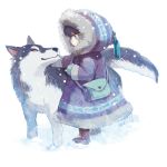 androgynous animal bag bangs blue_eyes boots child closed_mouth coat eye_contact eyelashes fur_trim hood hooded_jacket jacket long_sleeves looking_at_another looking_at_viewer mittens original profile ryouma_(888) shoulder_bag smile snow snowing standing stitches tassel white_background winter_clothes wolf 