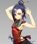 1girl adjusting_hair armpits black_skirt blue_hair breasts china_dress chinese_clothes commentary_request cozy dress hair_ornament hair_rings hair_stick highres looking_at_viewer no_bra original pleated_skirt ponytail red_eyes sideboob skirt sleeveless sleeveless_dress smile solo 
