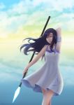  1girl armlet artist_name closed_eyes dated dress long_hair original polearm pose purple_hair smile solo spear tofuproductionz weapon white_dress 