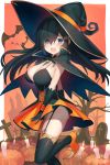  1girl bat bat_hair_ornament black_hair blue_eyes blush breasts candle capelet ccaw cleavage commentary embarrassed garter_belt garter_straps gloves graveyard hair_ornament halloween hat highres large_breasts long_hair open_mouth original pumpkin solo thigh-highs tree wavy_mouth witch witch_hat 