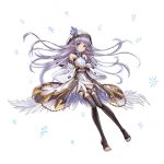  1girl adapted_costume bangs bare_shoulders black_legwear blue_rose blush closed_mouth crystal detached_sleeves eyebrows eyebrows_visible_through_hair flower full_body granblue_fantasy halterneck highres hood lavender_hair lily_(granblue_fantasy) long_hair looking_at_viewer pointy_ears rose simple_background smile solo thigh-highs toeless_legwear tomo_(pixiv20953077) white_background zettai_ryouiki 