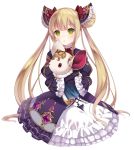  1girl amashiro_natsuki dress green_eyes hair_ornament highres holding light_brown_hair lolita_fashion long_hair looking_at_viewer luna_(shadowverse) shadowverse simple_background solo twintails very_long_hair white_background 