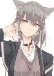  1girl animal_ears bangs cat_ears choker collar cuffs grey_eyes grey_hair hair_ornament hairpin highres open_collar original portrait shackles sweater_vest touma_kisa white_background 