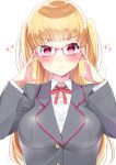  1girl adjusting_glasses blonde_hair blush breasts collared_shirt eyebrows eyebrows_visible_through_hair glasses highres large_breasts long_hair looking_at_viewer neck_ribbon nezumi_doshi pink-framed_eyewear red_eyes red_ribbon ribbon school_uniform shirt simple_background solo sparkle_background tokyo_7th_sisters two_side_up uesugi_u_kyouko upper_body white_shirt 