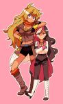  2girls blonde_hair boots breasts brown_eyes brown_hair cleavage crossed_arms frown gloves hand_on_hip height_difference heterochromia highres jewelry leaning_on_person long_hair long_sleeves multicolored_hair multiple_girls necklace neo_(rwby) pink_eyes pink_hair raburine rwby short_sleeves shorts violet_eyes white_hair yang_xiao_long 