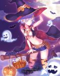  1girl bat bat_print black_cat blue_hair boots broom cat cloak clouds flying ghost halloween hat moon navel night night_sky orange_legwear original pumpkin ryuinu shorts sky smile solo thigh-highs witch witch_hat 