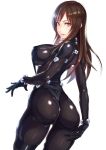  1girl ass bangs bodysuit breasts brown_eyes brown_hair covered_nipples cowboy_shot from_behind gantz gantz_suit highres large_breasts long_hair looking_at_viewer looking_back parted_lips shimohira_reika shiny shiny_clothes simple_background solo standing white_background yuuji_(and) 