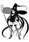  1girl absurdly_long_hair black_legwear breasts cleavage dress fur_trim greyscale hand_on_hip hat high_heels holding ken_(koala) long_hair looking_at_viewer monochrome original short_dress simple_background smile solo staff standing thigh-highs very_long_hair white_background witch_hat zettai_ryouiki 