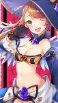  1girl ;d bare_shoulders beatrix_(granblue_fantasy) breasts brown_eyes brown_hair cleavage commentary_request detached_sleeves gloves granblue_fantasy halloween hat highres long_hair nan_(jyomyon) navel one_eye_closed open_mouth smile solo striped witch_hat 