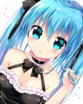  1girl :o bare_shoulders black_bow black_bowtie black_ribbon blue_eyes blue_hair blush bow bowtie breasts bustier choker cleavage collarbone detached_sleeves dutch_angle eyebrows eyebrows_visible_through_hair frilled_choker frills hair_between_eyes hair_ribbon hatsune_miku holding holding_hair ikari_(aor3507) long_hair looking_at_viewer medium_breasts ribbon solo twintails upper_body vocaloid 
