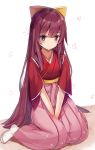  1girl between_legs bow cherry_blossoms floral_background hair_bow hakama hand_between_legs highres japanese_clothes kamikaze_(kantai_collection) kantai_collection karumayu kimono light_blush long_hair looking_at_viewer no_shoes purple_hair simple_background sitting solo v_arms very_long_hair violet_eyes wariza white_background white_legwear 