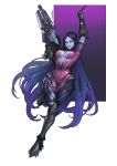  1girl absurdres alternate_hairstyle breasts center_opening cleavage drogod gun hair_down highres long_hair looking_at_viewer overwatch purple_hair purple_skin smile solo swinging very_long_hair weapon widowmaker_(overwatch) yellow_eyes 