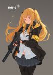  armband belt blonde_hair character_name cowboy_shot fingerless_gloves girls_frontline gloves gun h&amp;k_ump heckler_&amp;_koch highres holding holding_gun holding_weapon hood hoodie looking_at_viewer pantyhose racking_slide red_eyes scar see-through shell_casing sima_naoteng skirt smirk submachine_gun suppressor twintails ump9_(girls_frontline) weapon 