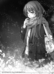  1girl artist_name bag bag_charm blazer cowboy_shot expressionless handbag jacket keychain long_hair long_sleeves milk_carton monochrome open_mouth original parted_lips plaid plaid_scarf pleated_skirt scarf school_uniform shangguan_feiying skirt sleeve_cuffs star sweater 