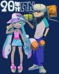  1boy 1girl blaster_(splatoon) blonde_hair blue_background blue_hair bracelet dark_skin domino_mask floral_print ganguro hand_in_pocket inkling jewelry katou_(osoraku) luna_blaster_(splatoon) mask necklace over_shoulder pointy_ears raglan_sleeves sandals scarf shirt shoes simple_background skirt sneakers spaghetti_strap splatoon t-shirt tentacle_hair v visor_cap weapon weapon_over_shoulder wedge_heels 