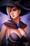  1girl alternate_costume blonde_hair blue_eyes breasts brooch capelet cleavage earrings halloween_costume hat highres jack-o&#039;-lantern_earrings jewelry large_breasts lips looking_at_viewer mercy_(overwatch) nose overwatch purple_background short_sleeves solo upper_body v1mpaler witch_hat witch_mercy 