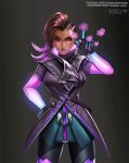  1girl animated animated_gif badcompzero black_background black_gloves breasts brown_hair fingerless_gloves gloves hand_on_hip invisible lipstick long_hair makeup mole mole_under_eye overwatch purple_lipstick signature solo sombra_(overwatch) violet_eyes 