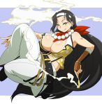  1girl :q armor armpits bare_shoulders bead_bracelet beads belt bent_knees black_hair black_shoes blush bracelet breasts cleavage commentary_request earrings floral_print from_side haganemaru_kennosuke hairband japanese_armor jasmine_(senran_kagura) jewelry kiseru kote large_breasts long_hair looking_at_viewer looking_to_the_side naughty_face pants pipe prayer_beads red_scarf scarf senran_kagura senran_kagura_(series) shirt shoes sleeveless sleeveless_shirt smoke solo tongue tongue_out very_long_hair white_pants yellow_eyes 