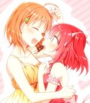  2girls :d ^_^ ahoge aqua_eyes arm_around_back arm_garter bangs bow bowtie chocolate clenched_hand closed_eyes clover_hair_ornament dress face-to-face feeding hair_bow hair_ornament kurosawa_ruby love_live! love_live!_sunshine!! multiple_girls nyakelap open_mouth orange_hair pink_bow pink_bowtie red_dress sash smile takami_chika two_side_up upper_body yellow_dress yuri 