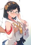  1girl adjusting_glasses breast_grab commentary_request detached_sleeves glasses grabbing green-framed_eyewear hairband headgear japanese_clothes kantai_collection kirishima_(kantai_collection) nontraditional_miko partially_colored ribbon-trimmed_sleeves ribbon_trim senbei_(senbe_i) solo_focus 