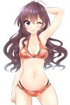  1girl :3 ;3 arm_behind_head arm_up armpits bikini black_hair blue_eyes breasts cleavage earrings floral_print groin hand_on_own_thigh ichinose_shiki idolmaster idolmaster_cinderella_girls jewelry layered_bikini long_hair medium_breasts mio_(mgr300) navel one_eye_closed red_bikini smile solo swimsuit white_background 