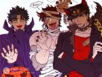  3boys animal_ears bandage_over_one_eye black_hair black_nails blue_eyes brown_hair cape chain cigarette coat collar fangs hat jojo_no_kimyou_na_bouken jonathan_joestar joseph_joestar_(young) kuujou_joutarou male_focus multiple_boys mummy_(cosplay) nail_polish open_mouth red_nails spiked_collar spikes sweat tail tongue tongue_out violet_eyes watermark wolf_ears wolf_tail yway1101 