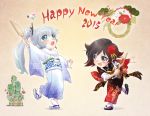  2girls chibi flower hair_flower hair_ornament iesupa japanese_clothes kimono multiple_girls new_year rose ruby_rose rwby weiss_schnee 