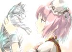  1girl bluekalmia cat chain cuffs double_bun flower gradient gradient_background grey_eyes ibaraki_kasen lifting open_mouth pale_color pink_hair profile puffy_short_sleeves puffy_sleeves shackles short_hair short_sleeves simple_background solo sparkle tabard touhou upper_body 