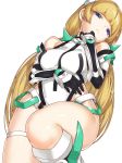  1girl :&lt; angela_balzac bangs bare_shoulders blonde_hair blue_eyes blunt_bangs breasts closed_mouth elbow_gloves eyebrows eyebrows_visible_through_hair gloves headgear kfr knee_up leotard long_hair looking_at_viewer low_twintails lying medium_breasts on_back rakuen_tsuihou simple_background skindentation solo thigh_strap twintails very_long_hair white_background 