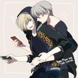  2boys blonde_hair blue_eyes cellphone character_name copyright_name green_eyes hair_over_one_eye hood hoodie hug hug_from_behind male_focus multiple_boys nic_(kevin) open_mouth phone silver_hair smartphone smile viktor_nikiforov yuri!!!_on_ice yuri_plisetsky 