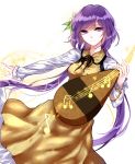 1girl biwa_lute black_ribbon breasts brown_dress closed_mouth dress flower hair_flower hair_ornament highres instrument long_hair long_sleeves looking_at_viewer low_twintails lute_(instrument) medium_breasts music neck_ribbon purple_hair ribbon sheya smile solo touhou tsukumo_benben twintails violet_eyes 