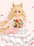  1girl animal_ears bare_shoulders blonde_hair blue_eyes bouquet bow bride character_request collarbone dress flower girls_frontline hair_bow heterochromia highres ling_huanxiang long_hair looking_at_viewer low_twintails petals red_eyes smile solo twintails very_long_hair wedding_dress white_dress 