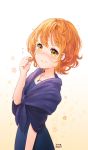  1girl alternate_hairstyle artist_name bangs blush commentary_request dress flying_sweatdrops from_side hair_twirling highres hoshizora_rin jewelry love_live! love_live!_school_idol_project necklace nose_blush orange_hair runamochi shawl short_hair smile solo upper_body wavy_hair yellow_eyes 