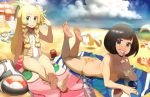  2girls arm_support ass barefoot beach beach_towel bikini black_hair blonde_hair blue_eyes blush bottle bracelet braid breast_press breasts butt_crack can cleavage clouds crossed_legs dratini feet feet_up female_protagonist_(pokemon_sm) finger_to_mouth idlecil jewelry krabby lillie_(pokemon) long_hair lying medium_breasts mew middle_finger multiple_girls naughty_face on_stomach one-piece_swimsuit piplup pokemon pokemon_(creature) pokemon_(game) pokemon_sm short_hair side-tie_bikini sitting skindentation smile soles squirtle swimsuit the_pose toe_scrunch toes towel twin_braids water_bottle wingull 