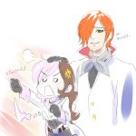  1boy 1girl anger_vein angry ascot blank_eyes check_translation coat gloves green_eyes hair_over_one_eye hand_on_another&#039;s_head height_difference iesupa jewelry multicolored_hair necklace neo_(rwby) roman_torchwick rwby translation_request upper_body 