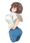  1girl 2016 ai_(himura_kiseki) blue_pants blush braid breast_squeeze breasts brown_eyes brown_hair closed_mouth dated from_behind from_side frown full-face_blush getsuyoubi_no_tawawa gym_shirt looking_at_viewer looking_to_the_side one_eye_closed outstretched_arms pants shirt short_sleeves side_braid simple_background sketch solo stretch track_pants white_background xiao_chichi 