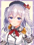 1girl bad_anatomy bad_hands beret blush bow bowtie breasts commentary epaulettes fingers grey_hair hair_ribbon hat highres kantai_collection kashima_(kantai_collection) large_breasts military military_uniform nan_(jyomyon) ribbon simple_background smile solo twintails uniform violet_eyes 