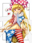  1girl american_flag_dress american_flag_legwear bangs blonde_hair clownpiece cowboy_shot dress fairy_wings hat heart jester_cap long_hair mouth_hold neck_ruff pantyhose pantyhose_pull pink_eyes polka_dot ryuhey simple_background solo spoken_heart standing star star_print striped touhou very_long_hair white_background wings 