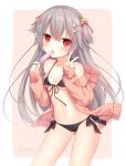  1girl amashiro_natsuki bikini black_bikini breasts cardigan cleavage collarbone food grey_hair hair_ribbon highres ice_cream long_hair looking_at_viewer navel open_cardigan open_clothes open_mouth original pink_ribbon red_eyes ribbon side-tie_bikini small_breasts solo swimsuit under_boob v 